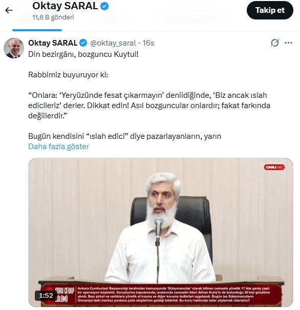 Cumhurbaşkanı Başdanışmanı Saral'dan Kuytul'a Sert Uyarı: "Sıra Sana da Gelecek"