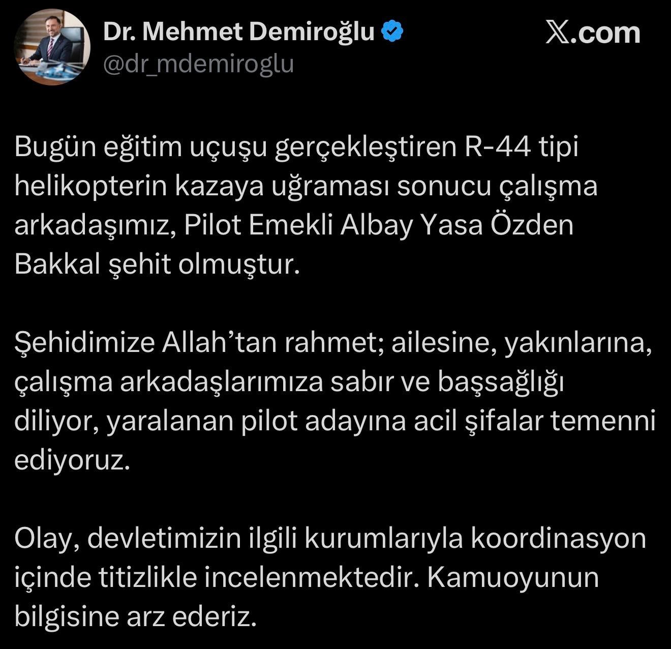 Ankara'da Eğitim Uçuşunda Helikopter Kazası: Yaralı Pilot Adayının Tedavisi Devam Ediyor