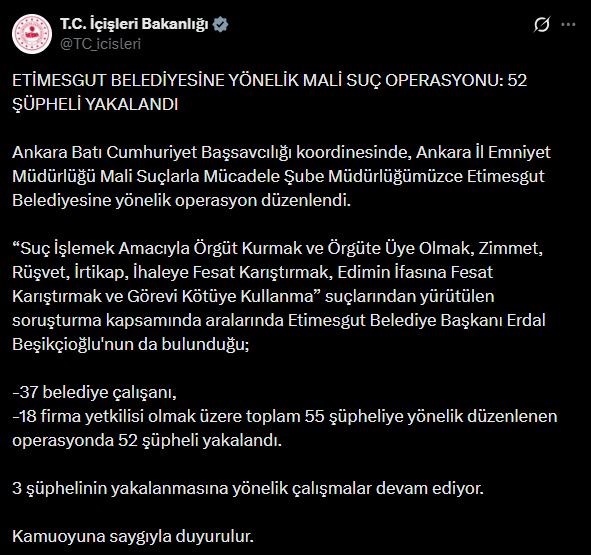 Etimesgut Belediyesi'nde büyük mali suç operasyonu: 52 kişi gözaltında