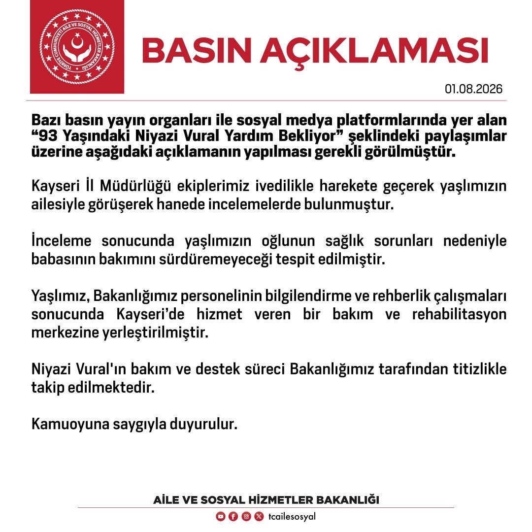 Bakanlık: 93 Yaşındaki Niyazi Vural'ın Bakım Süreci Sürdürülüyor
