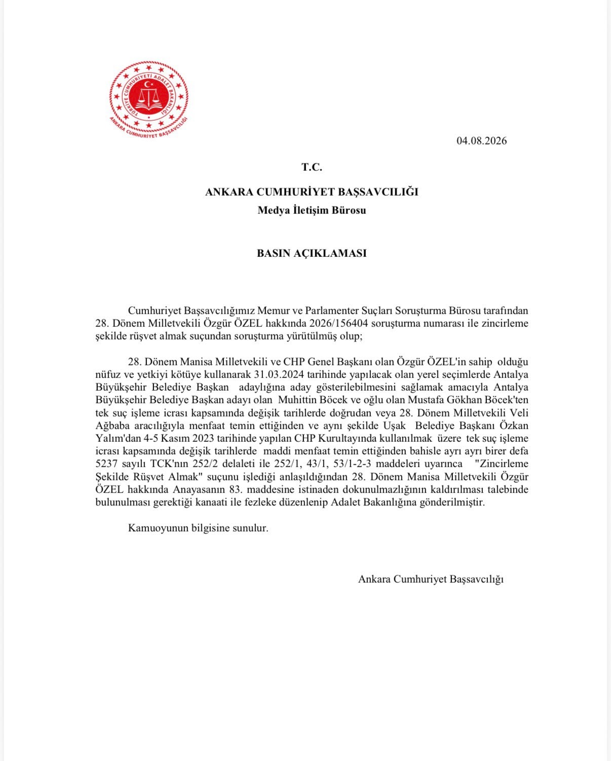 Özgür Özel ve Veli Ağbaba'nın dokunulmazlıkları için fezlekeler Adalet Bakanlığı'na iletildi