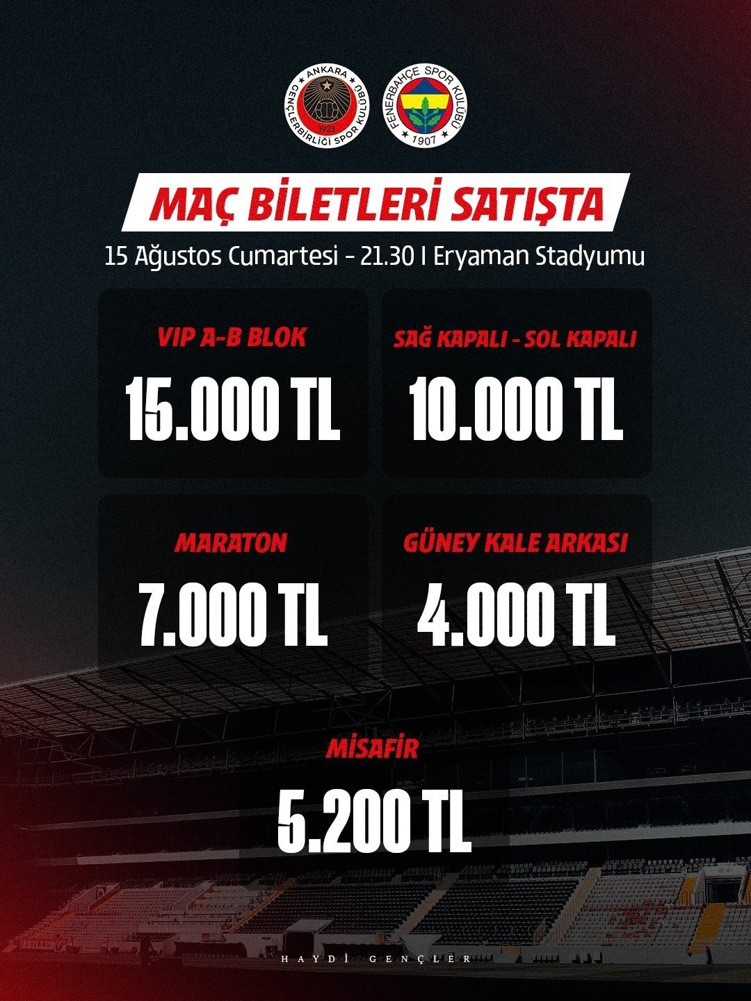 Gençlerbirliği ve Fenerbahçe Maçının Biletleri Satışta!