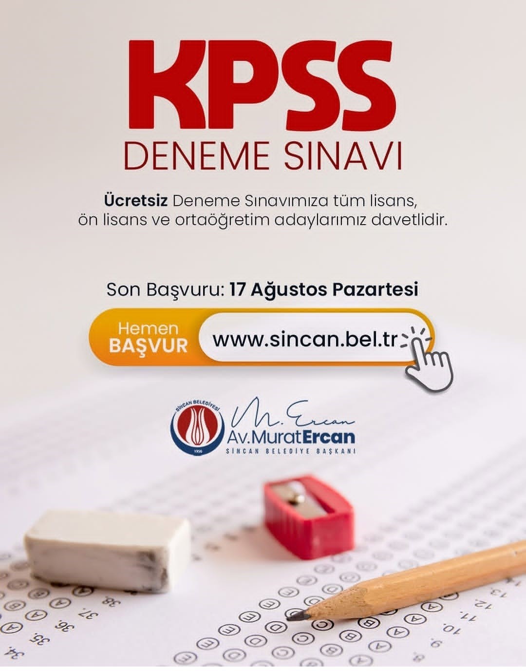 Sincan Belediyesi, KPSS Adaylarına Ücretsiz Deneme Sınavı Sunuyor