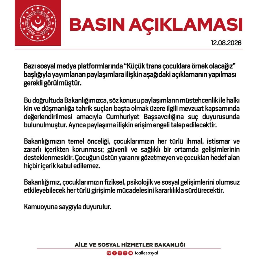 Bakanlık’tan Trans Çocuklar İçin Paylaşımlara Suç Duyurusu
