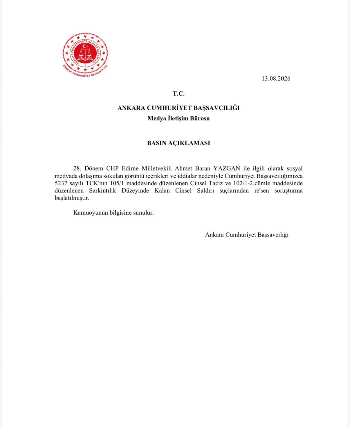 CHP Milletvekili Ahmet Baran Yazgan'a Taciz Suçlamasıyla Soruşturma Başlatıldı