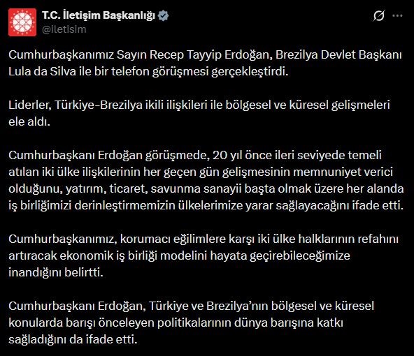 Cumhurbaşkanı Erdoğan'dan Brezilya ile Stratejik İşbirliği Vurgusu