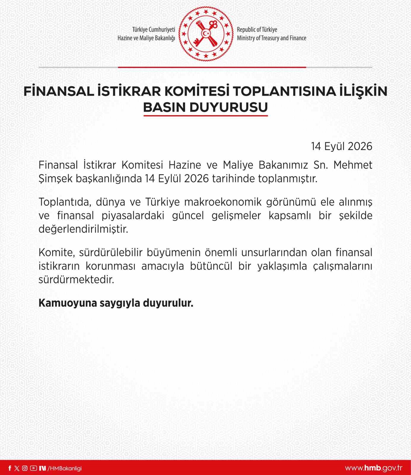 Finansal İstikrar Komitesi Toplandı: Ekonomik Görünüm Değerlendirildi