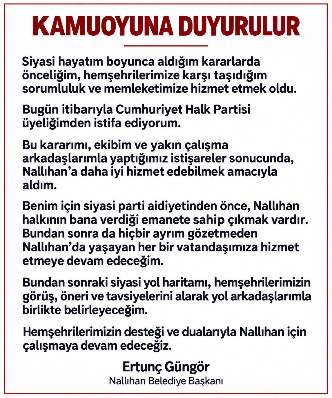 Nallıhan Belediye Başkanı Ertunç Güngör, CHP'den ayrıldığını duyurdu