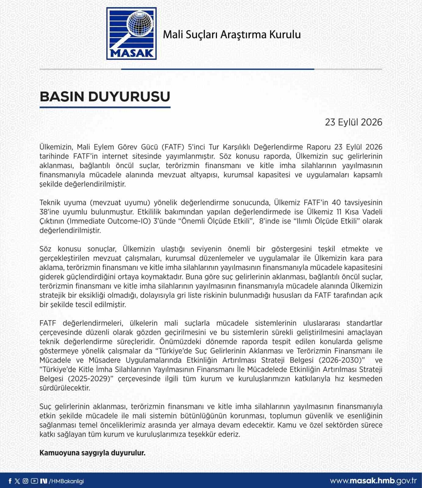 Türkiye, FATF’in 40 tavsiyesinin 38’ine uyumlu bulundu