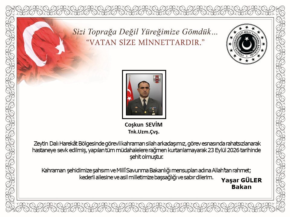 Bakan Güler'den Şehit Uzman Çavuş Coşkun Sevim İçin Başsağlığı Mesajı