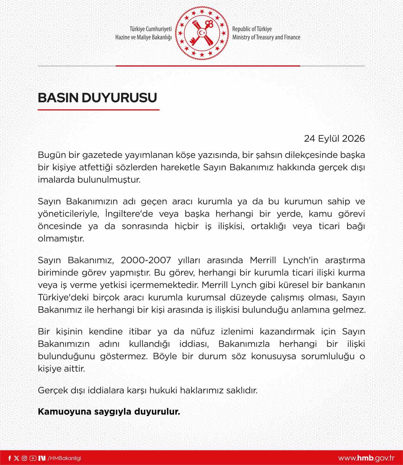 Bakan Şimşek'e Yönelik İddialara Bakanlıktan Kesin Yalanlama