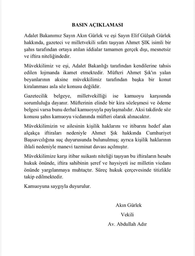 Adalet Bakanı Gürlek'ten Ahmet Şık'a Suç Duyurusu
