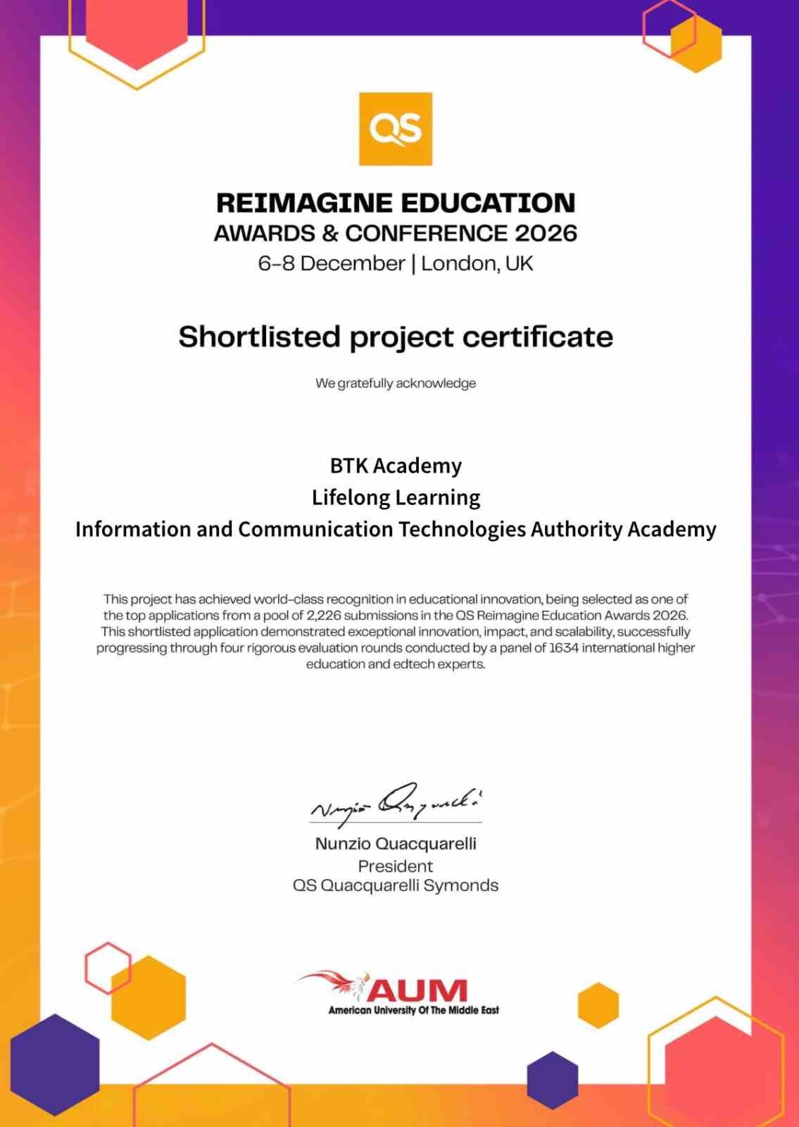 BTK Akademi, QS Reimagine Education Awards 2026'da Kısa Listeye Girdi