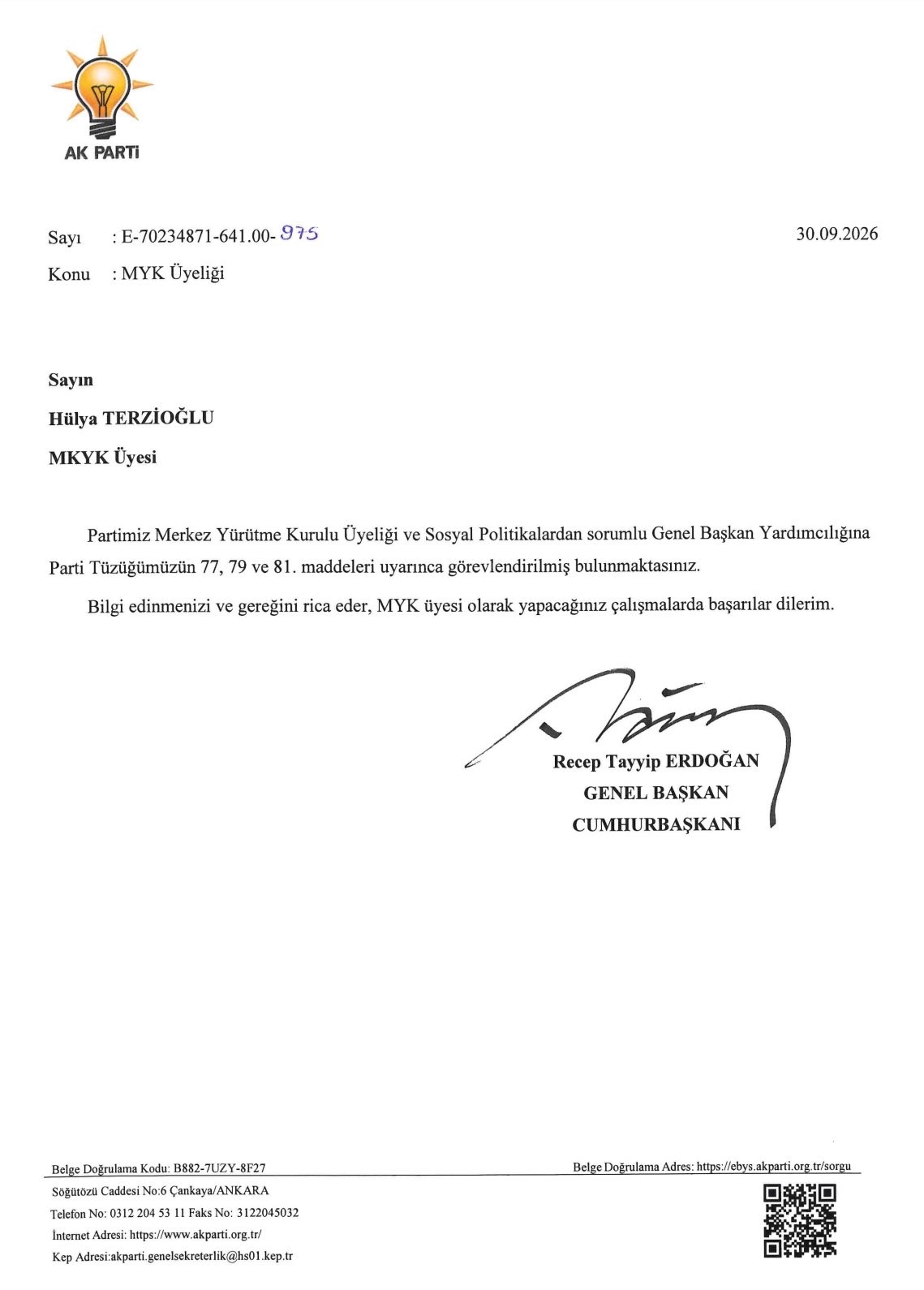 Prof. Dr. Hülya Terzioğlu, AK Parti Sosyal Politikalar Genel Başkan Yardımcısı oldu