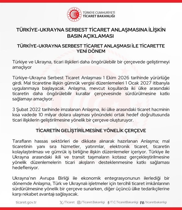 Türkiye ve Ukrayna Arasındaki Serbest Ticaret Anlaşması Resmen Yürürlüğe Girdi