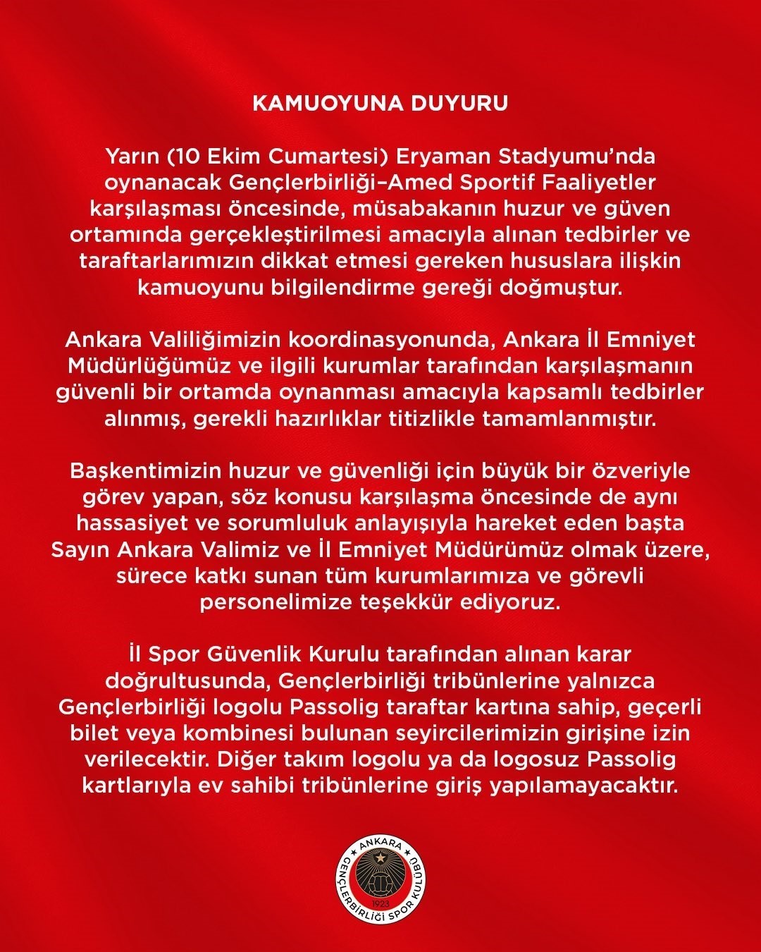 Gençlerbirliği - Amed SF Maçında Taraftar Kuralları Belirlendi