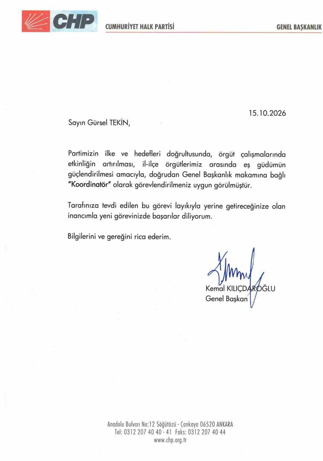 Gürsel Tekin, CHP Genel Başkanlık Koordinatörü Oldu