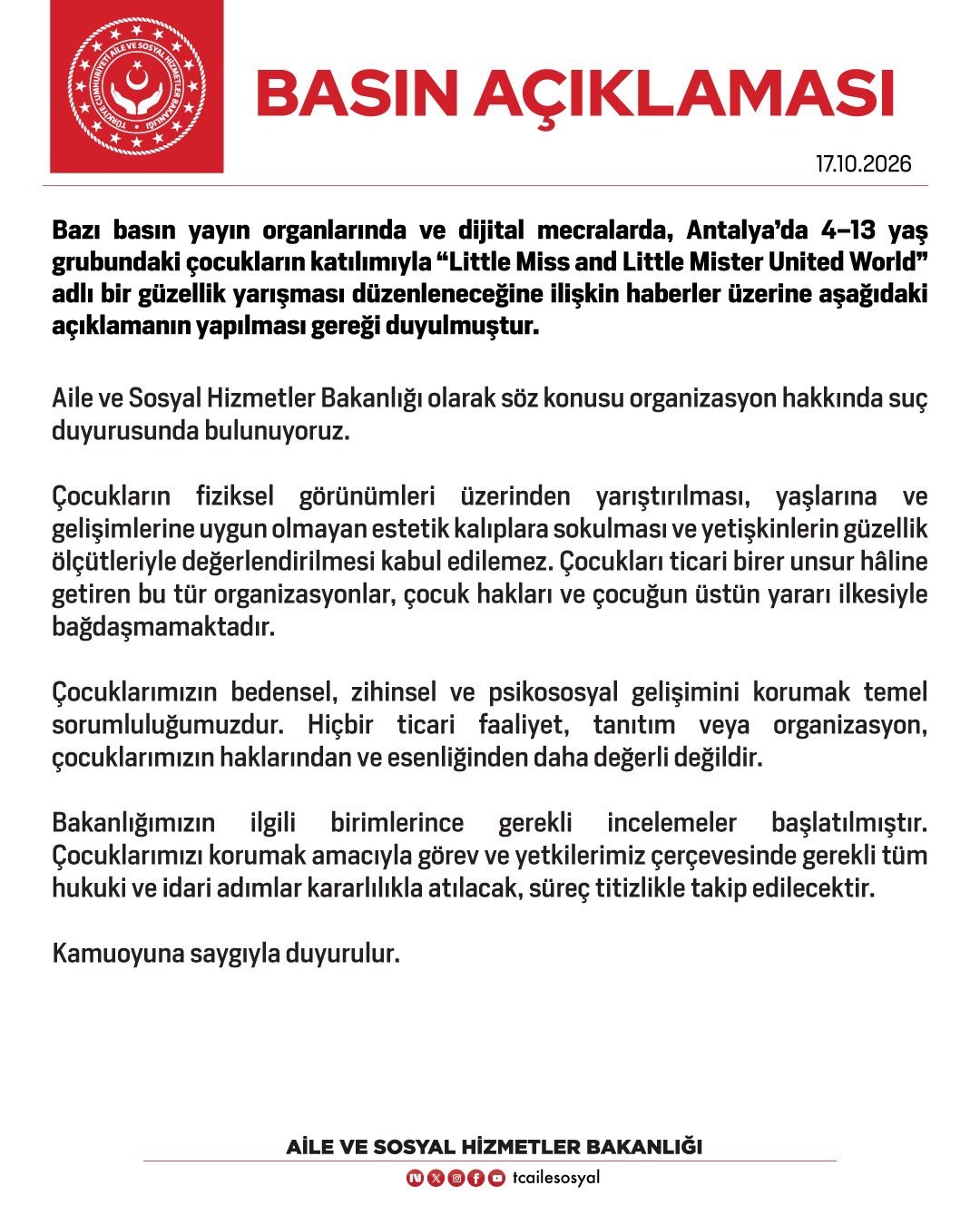 Bakanlıktan Güzellik Yarışmasına Suç Duyurusu: Çocukların Hakları Korunacak