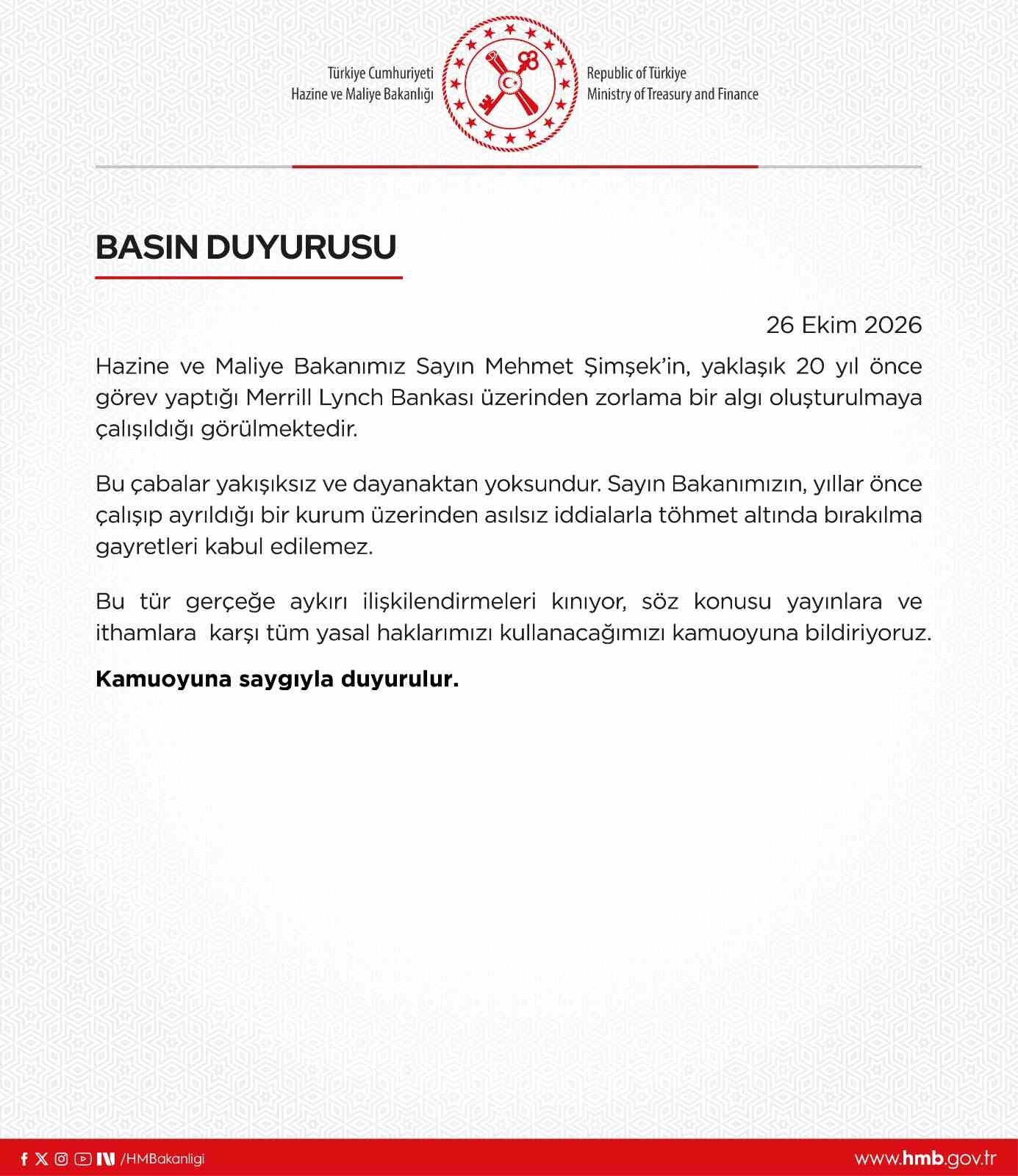 Bakan Şimşek'e Yönelik İddialara Hazine ve Maliye Bakanlığı'ndan Sert Yanıt