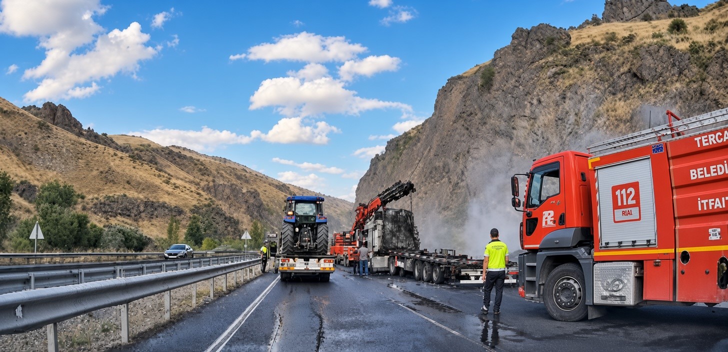 Tercan'da Hayvan Yemi Yüklü Tırda Yangın Çıktı